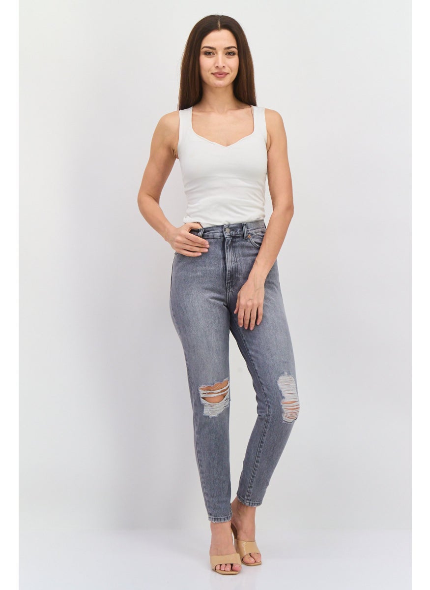 Women Regular Fit High Waist Rip Denim, Grey