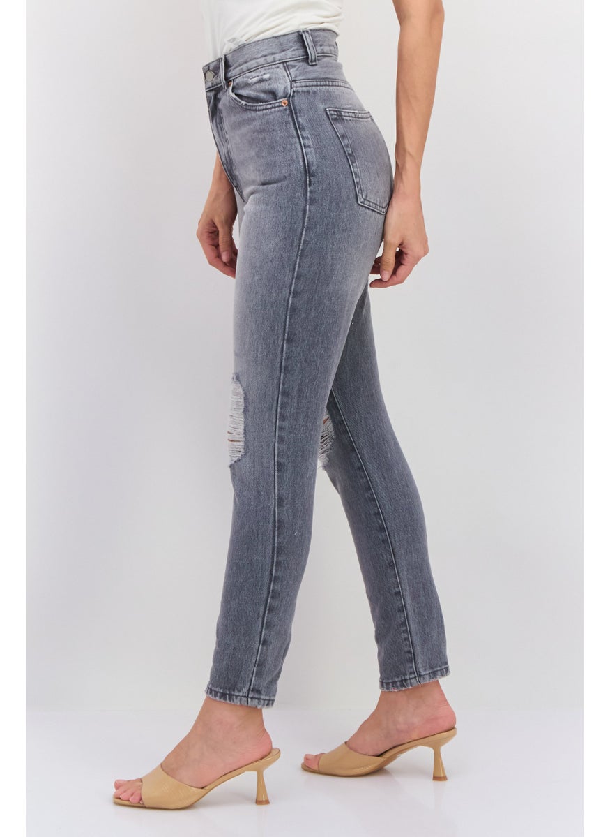 Women Regular Fit High Waist Rip Denim, Grey
