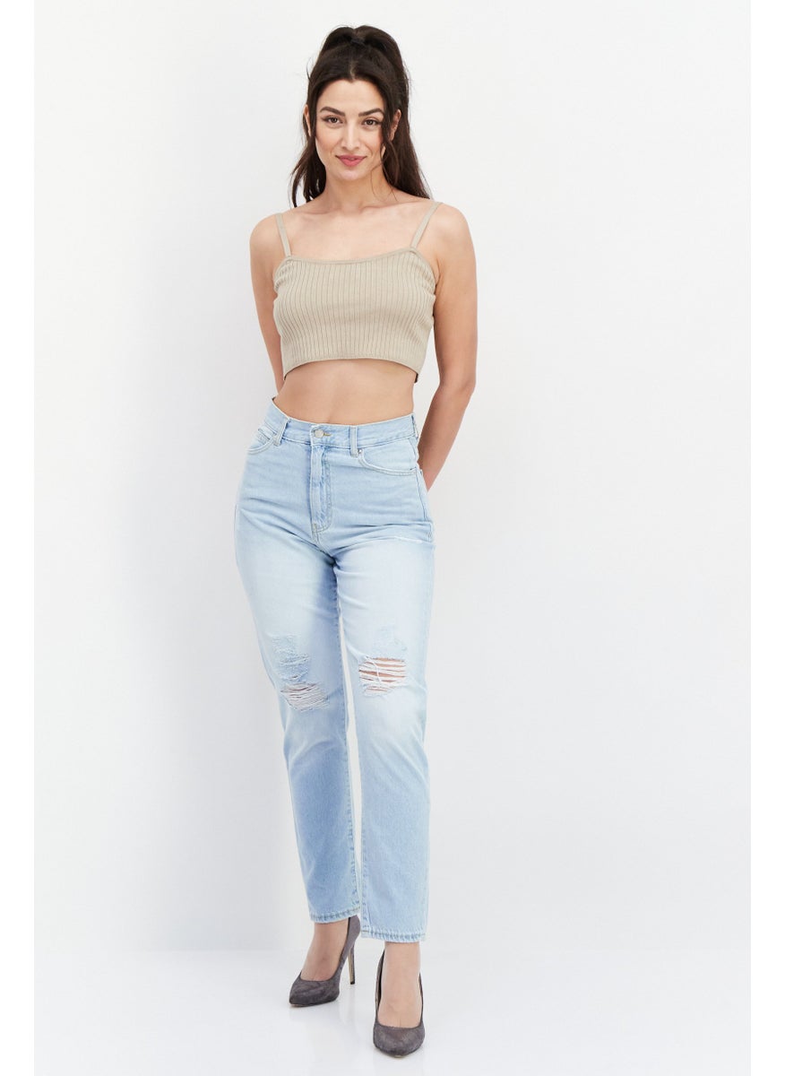 Women Regular Fit High Waist Rip Non-Stretchable Denim Jean, Blue