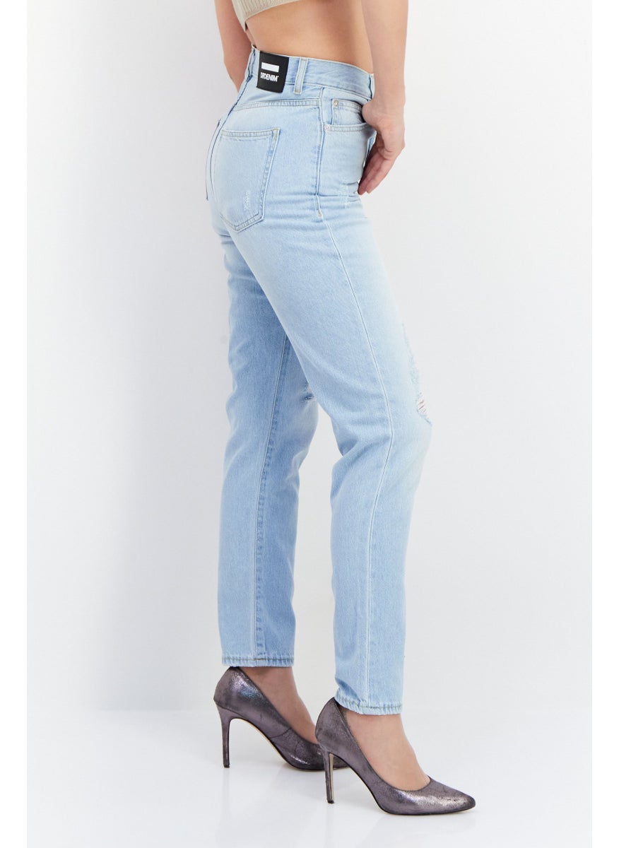 Women Regular Fit High Waist Rip Non-Stretchable Denim Jean, Blue