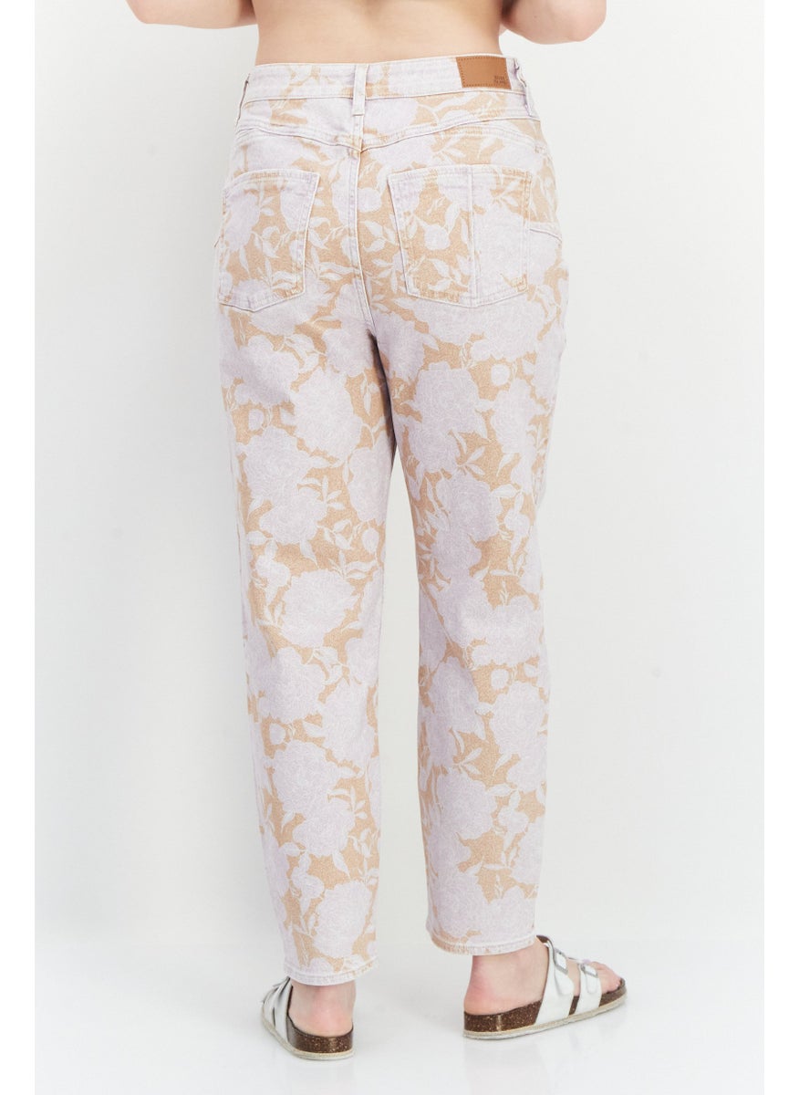Women Mom Fit Floral Pattern Denim Jeans, Purple