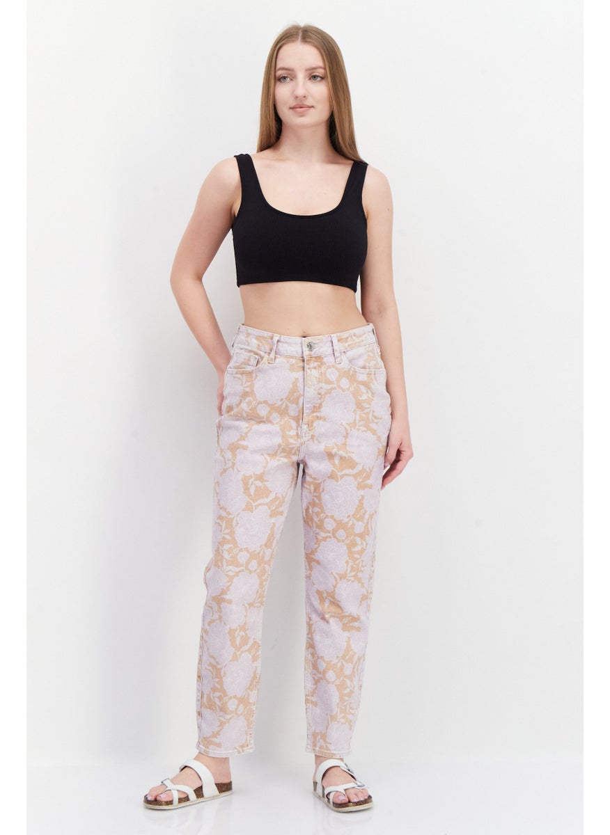 Women Mom Fit Floral Pattern Denim Jeans, Purple