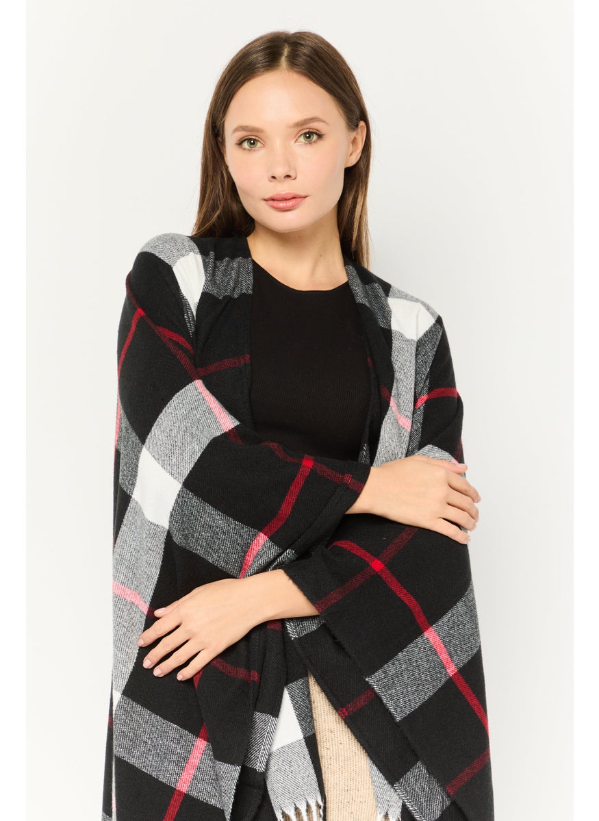 Women Checkered Ruana Poncho, Black Combo