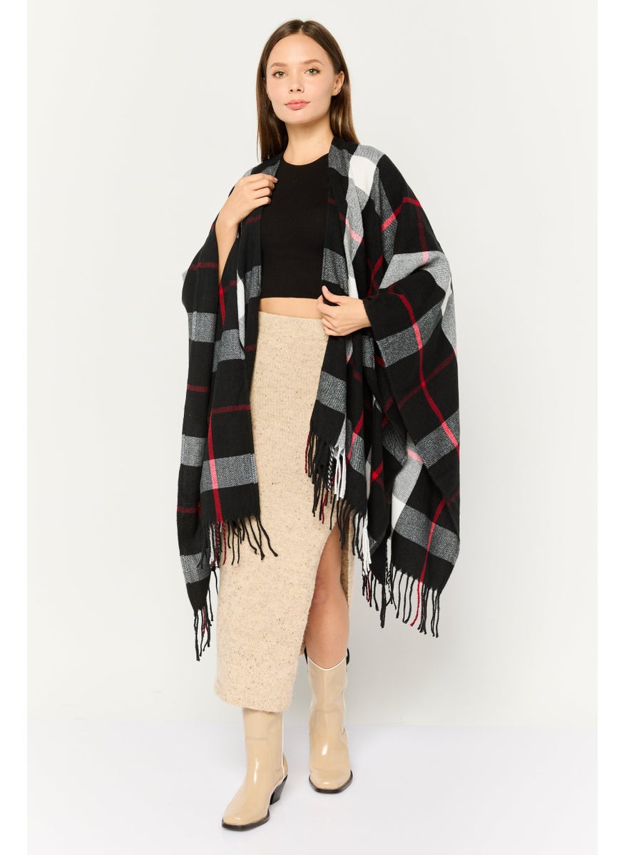 Women Checkered Ruana Poncho, Black Combo