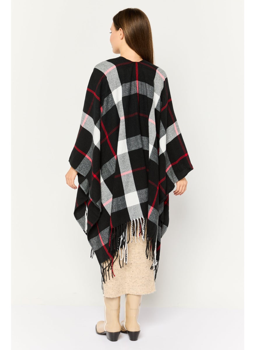Women Checkered Ruana Poncho, Black Combo
