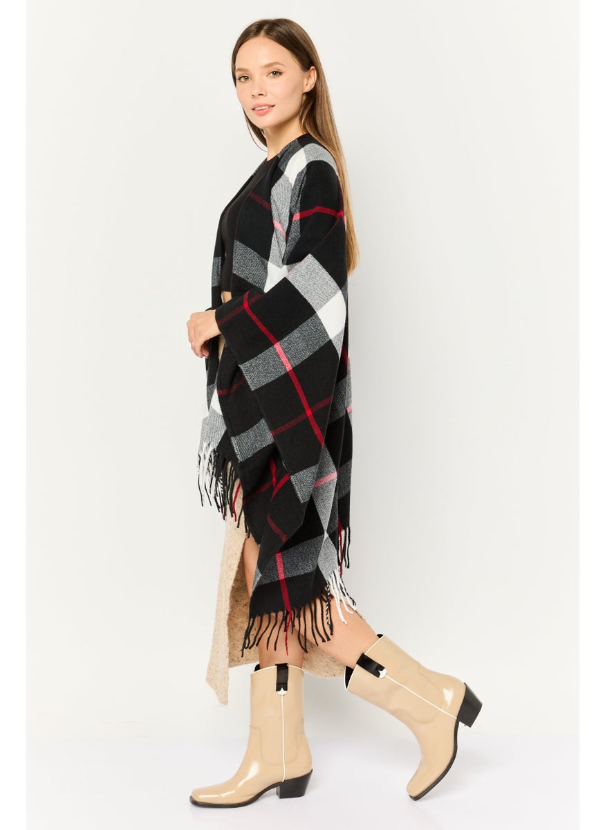 Women Checkered Ruana Poncho, Black Combo