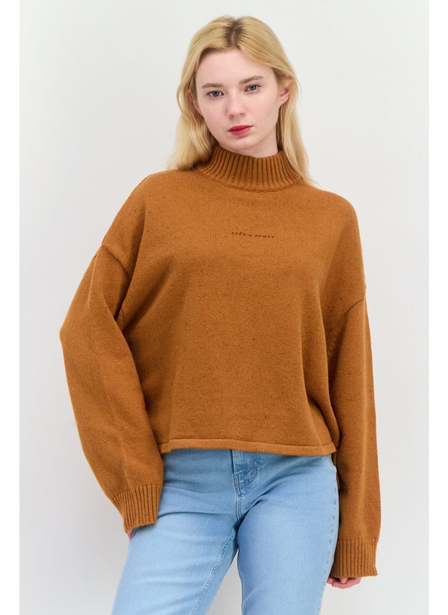 Women Mock Neck Embroidered Sweater, Brown
