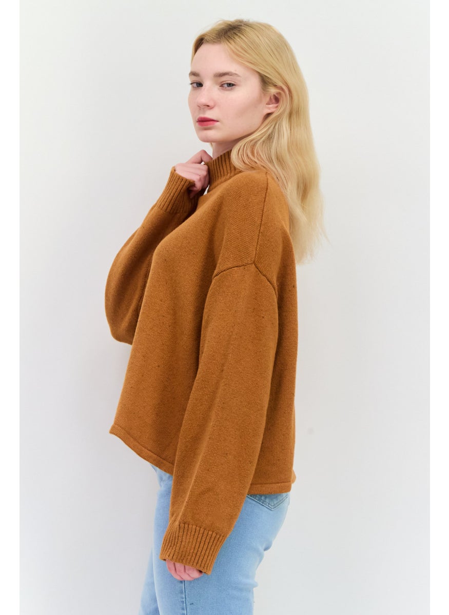 Women Mock Neck Embroidered Sweater, Brown