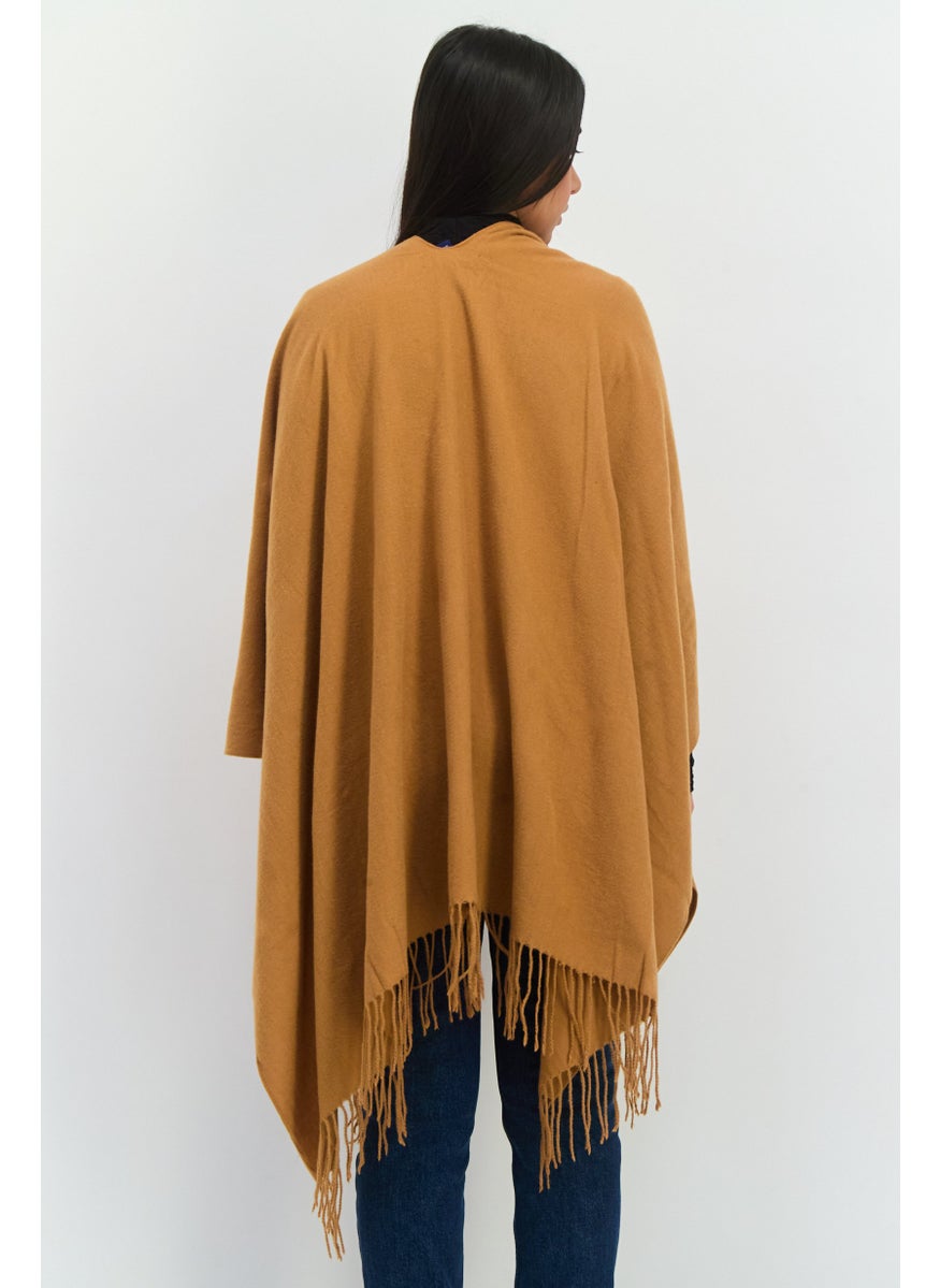 Women  Solid Fringe Ruana Poncho, Copper Brown