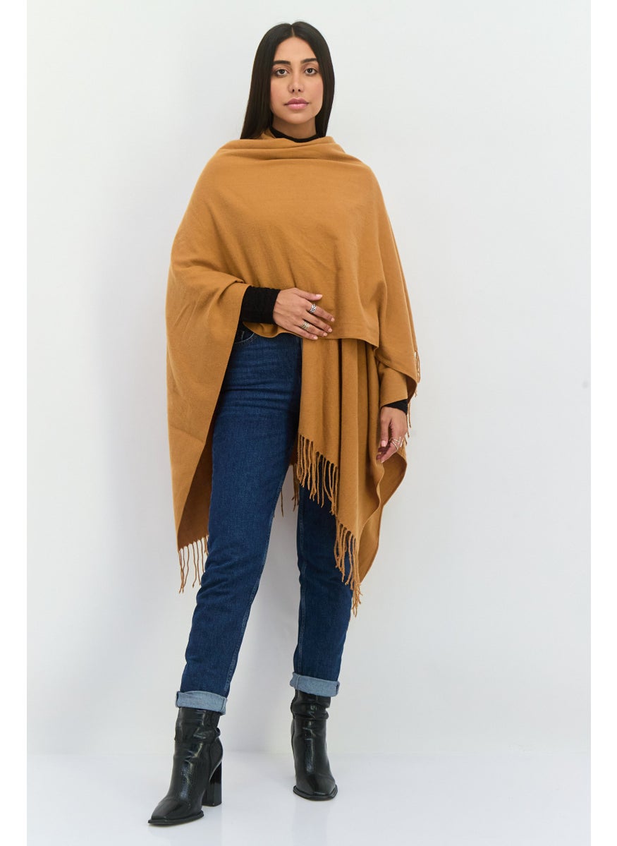 Women  Solid Fringe Ruana Poncho, Copper Brown