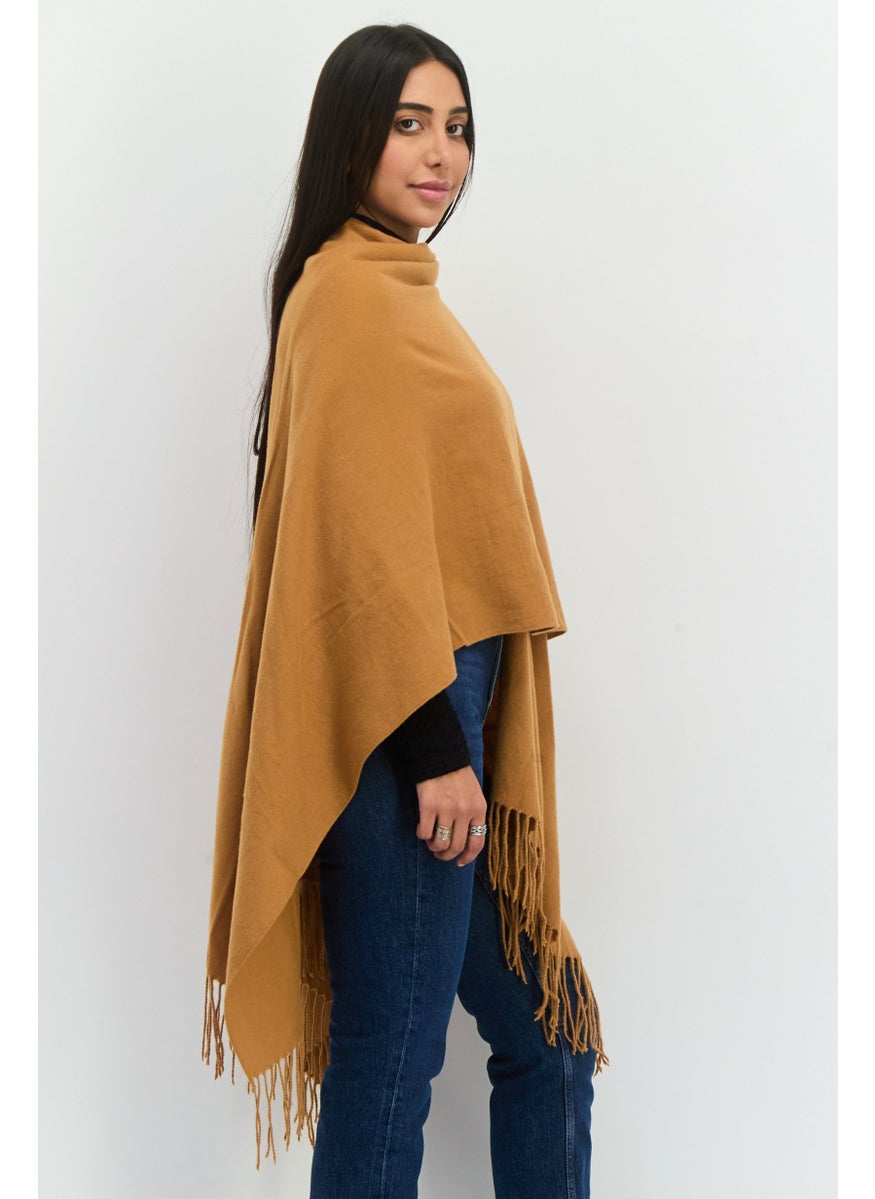 Women  Solid Fringe Ruana Poncho, Copper Brown