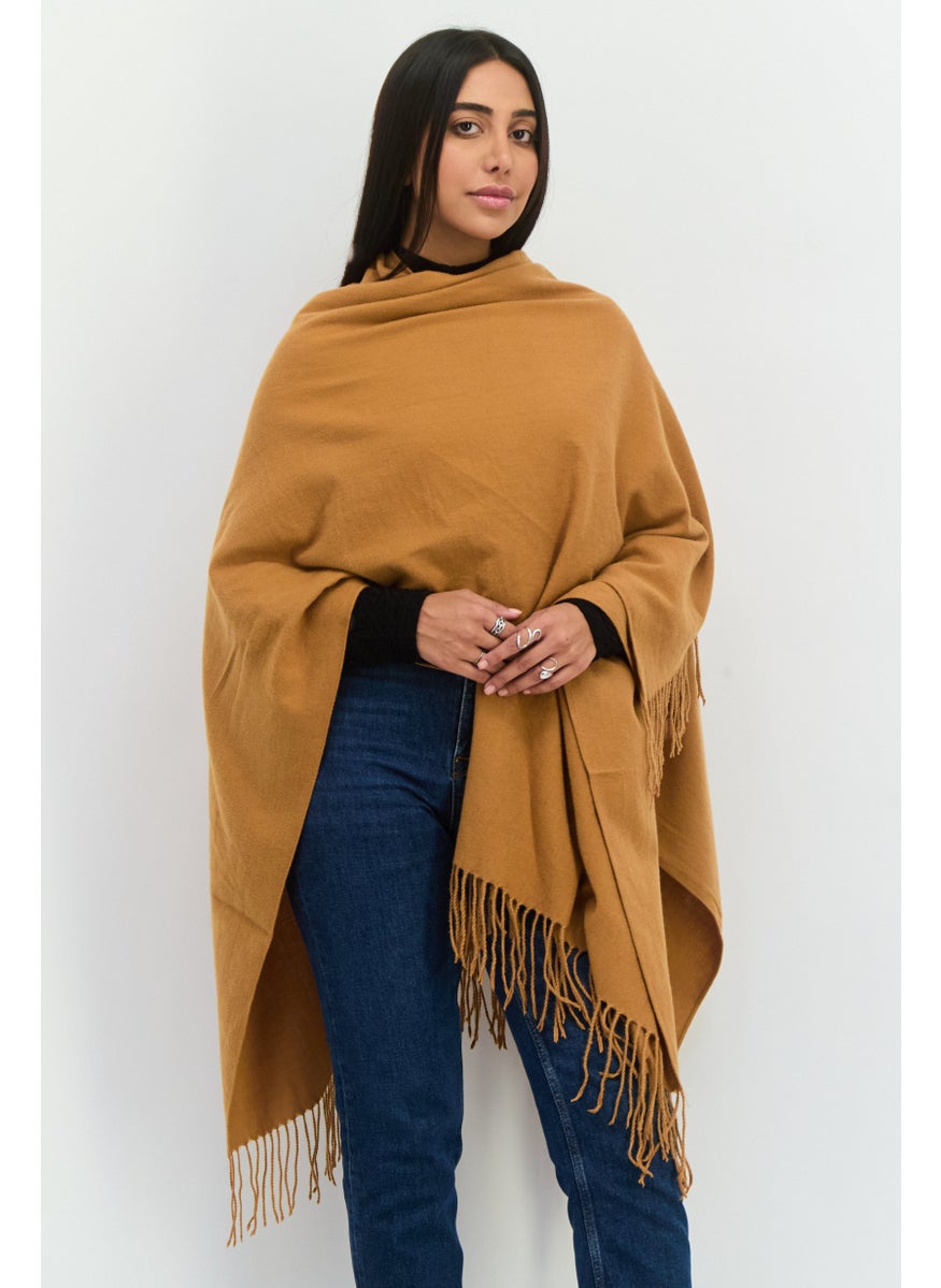 Women  Solid Fringe Ruana Poncho, Copper Brown