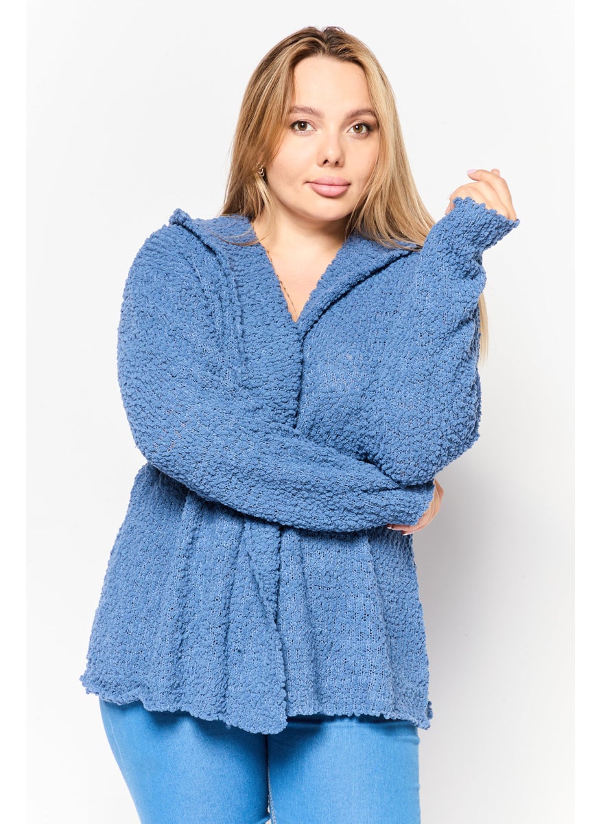 Women Hooded Long Sleeves Knitted Cardigans, Blue