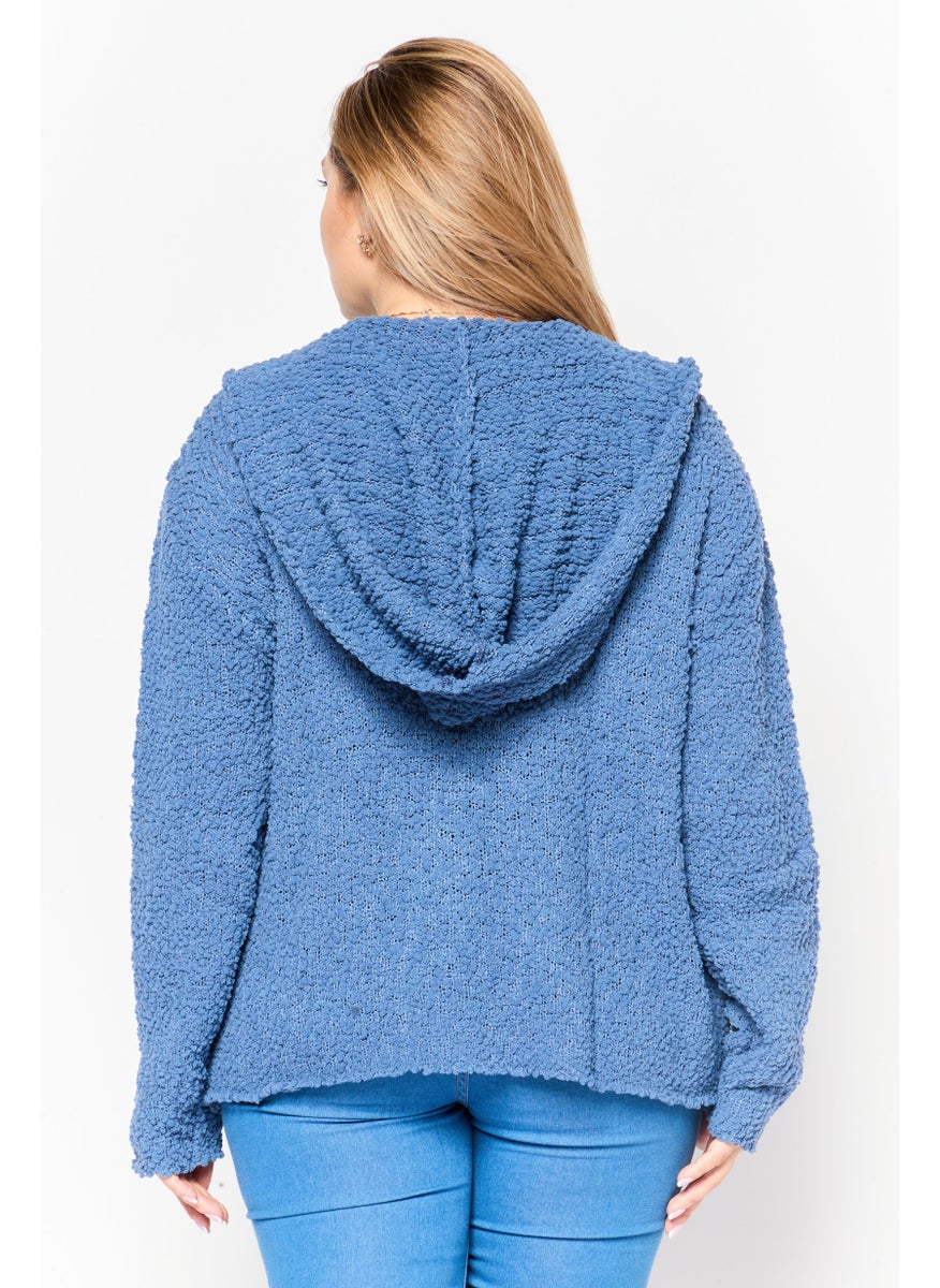 Women Hooded Long Sleeves Knitted Cardigans, Blue