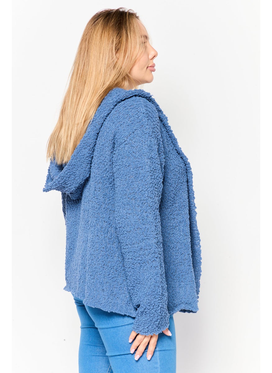Women Hooded Long Sleeves Knitted Cardigans, Blue