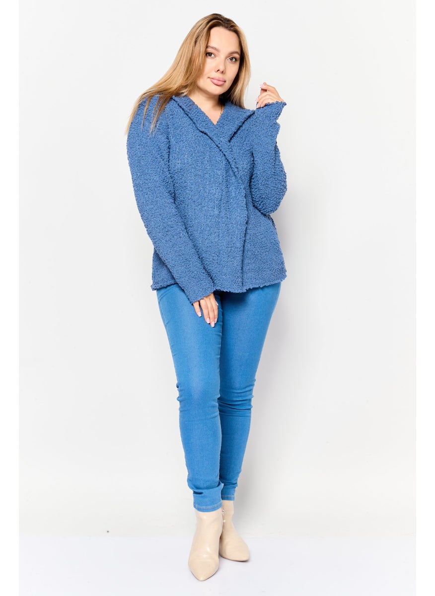 Women Hooded Long Sleeves Knitted Cardigans, Blue