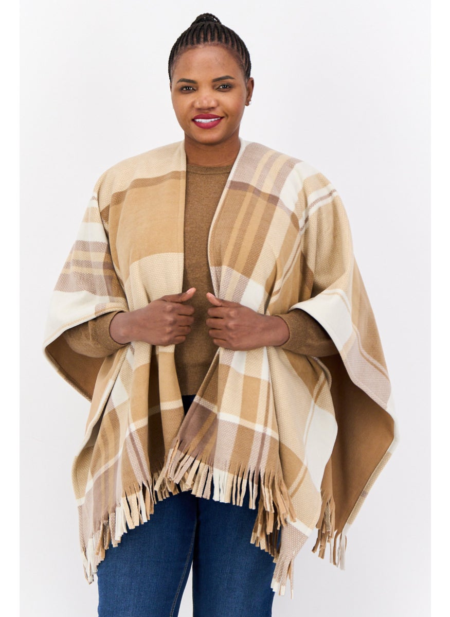 Women Checkered Poncho With Fringes, Tan