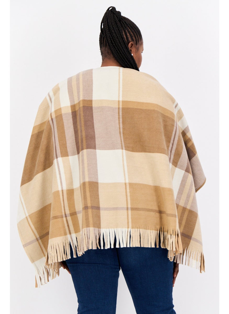 Women Checkered Poncho With Fringes, Tan