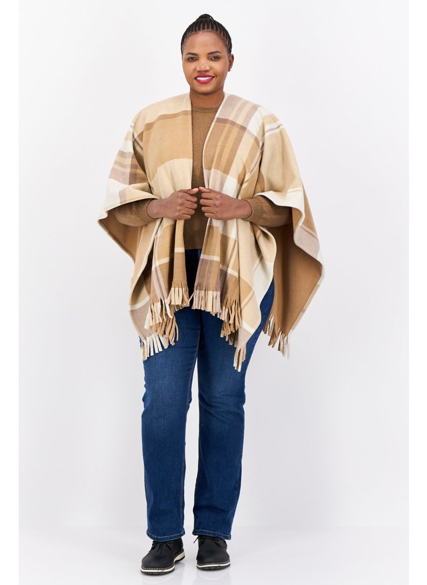 Women Checkered Poncho With Fringes, Tan