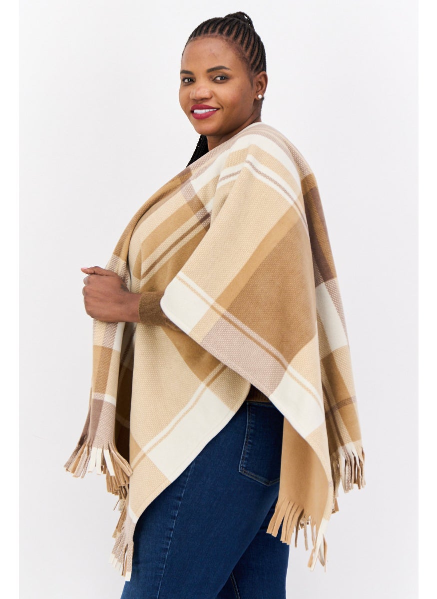 Women Checkered Poncho With Fringes, Tan