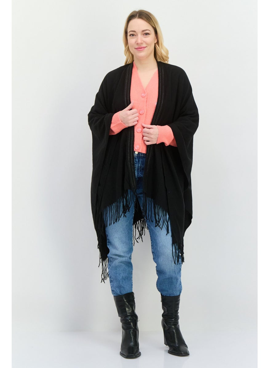 Women Plain Poncho Sweater, Black