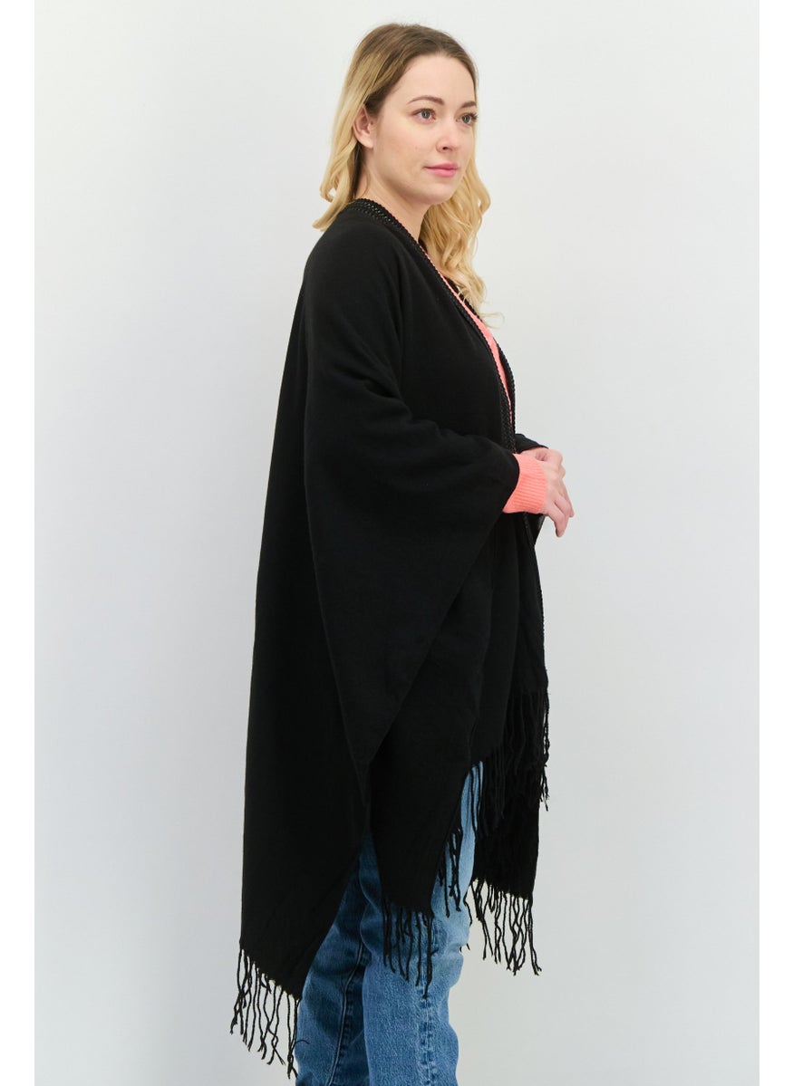 Women Plain Poncho Sweater, Black