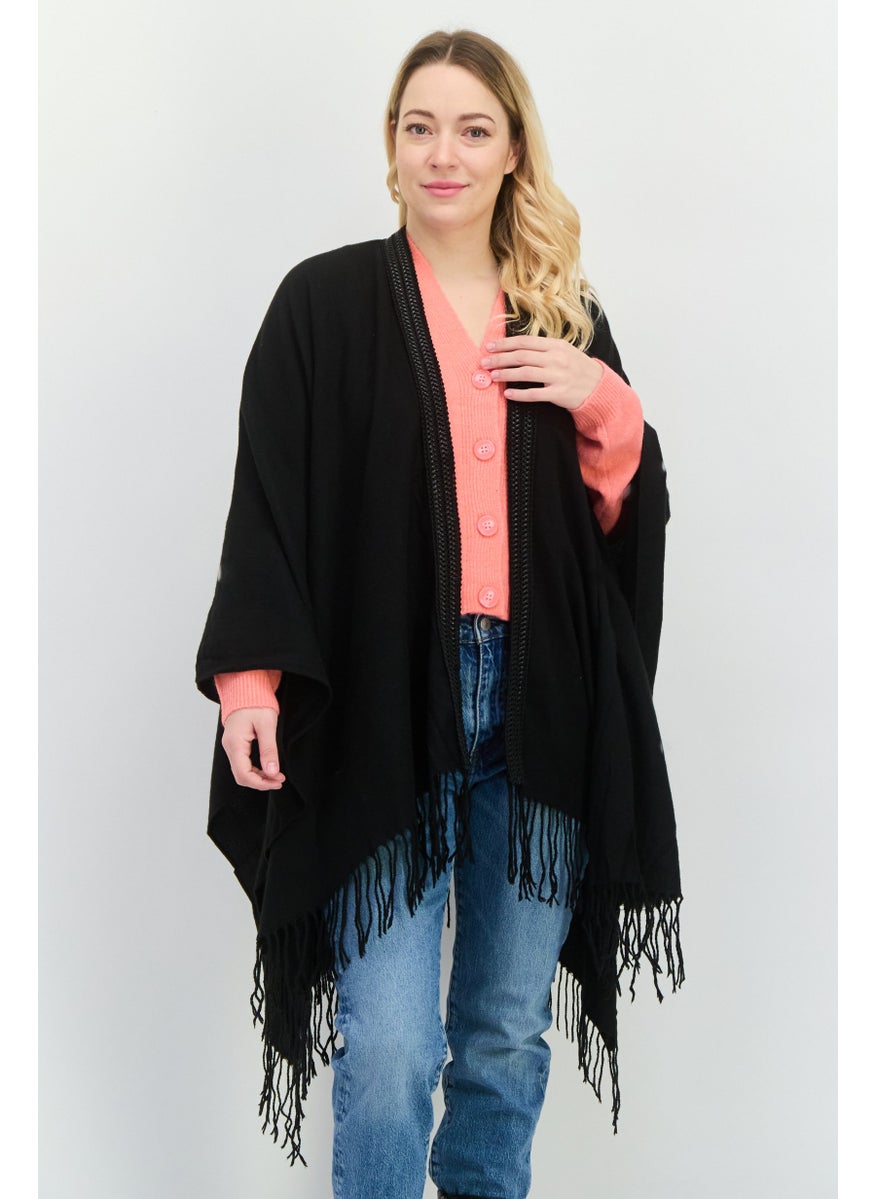 Women Plain Poncho Sweater, Black
