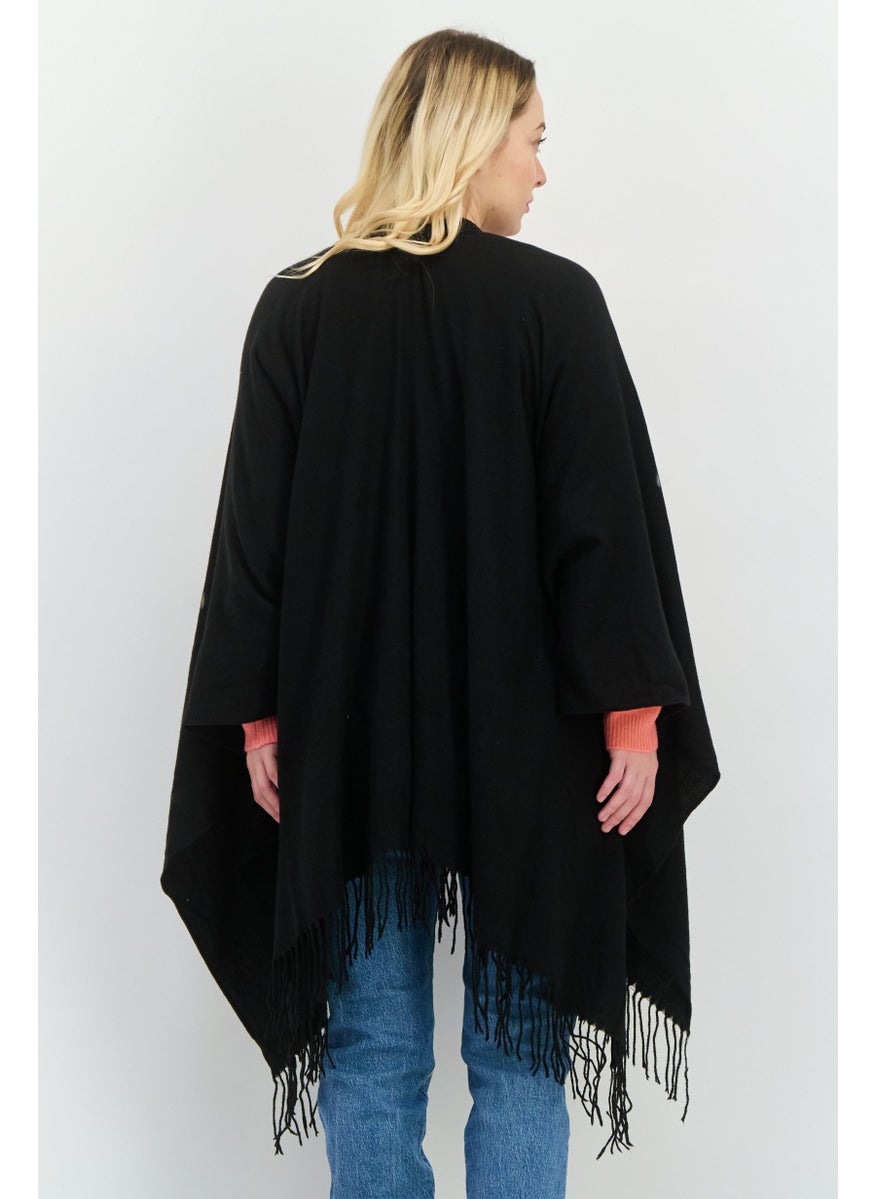 Women Plain Poncho Sweater, Black