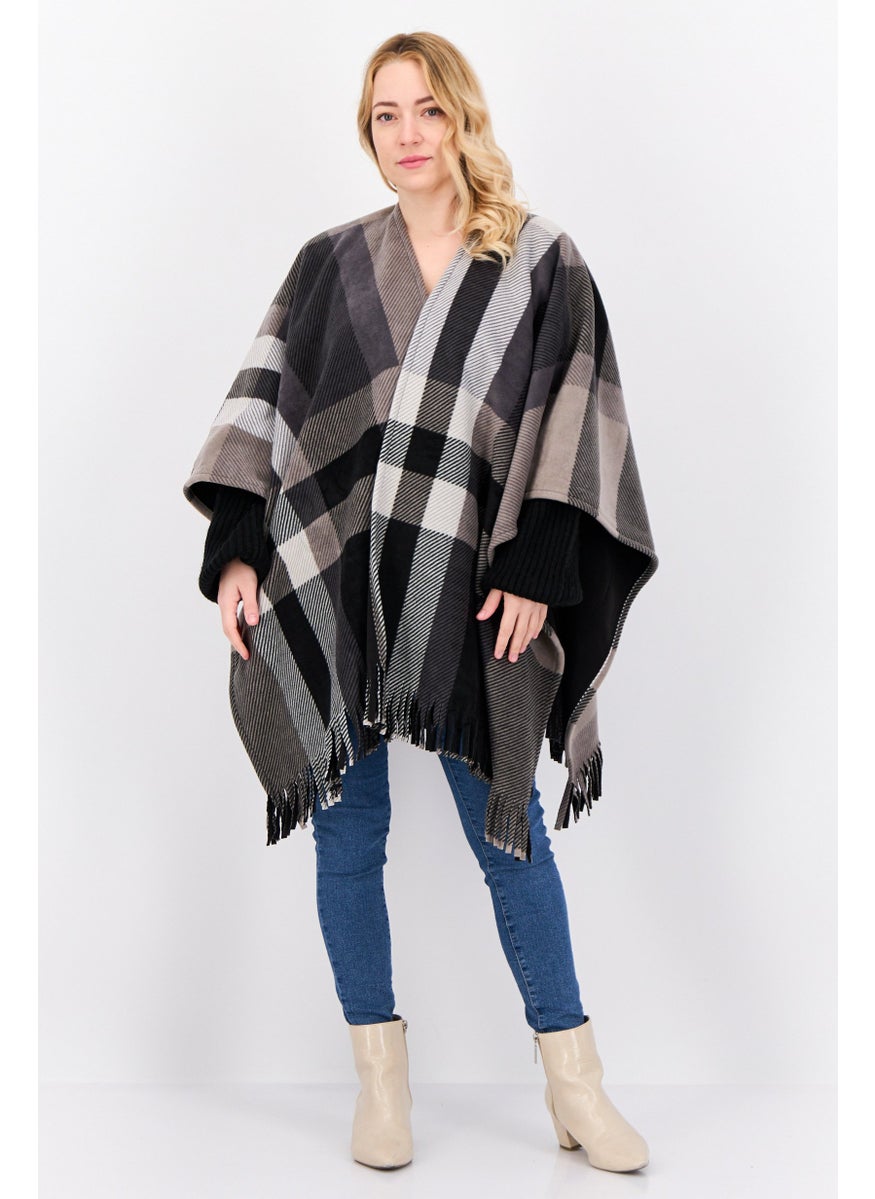 Women Plaid Open Front Poncho, Grey