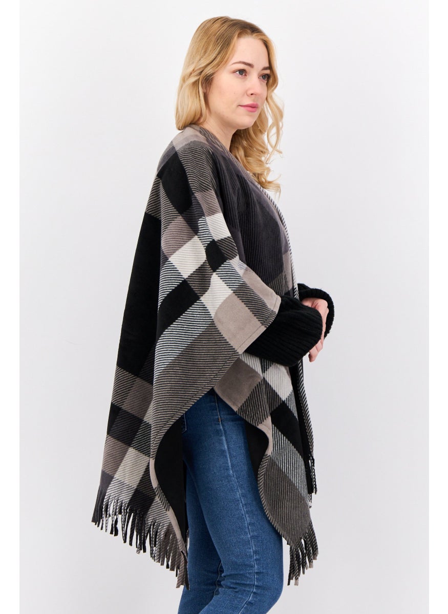 Women Plaid Open Front Poncho, Grey