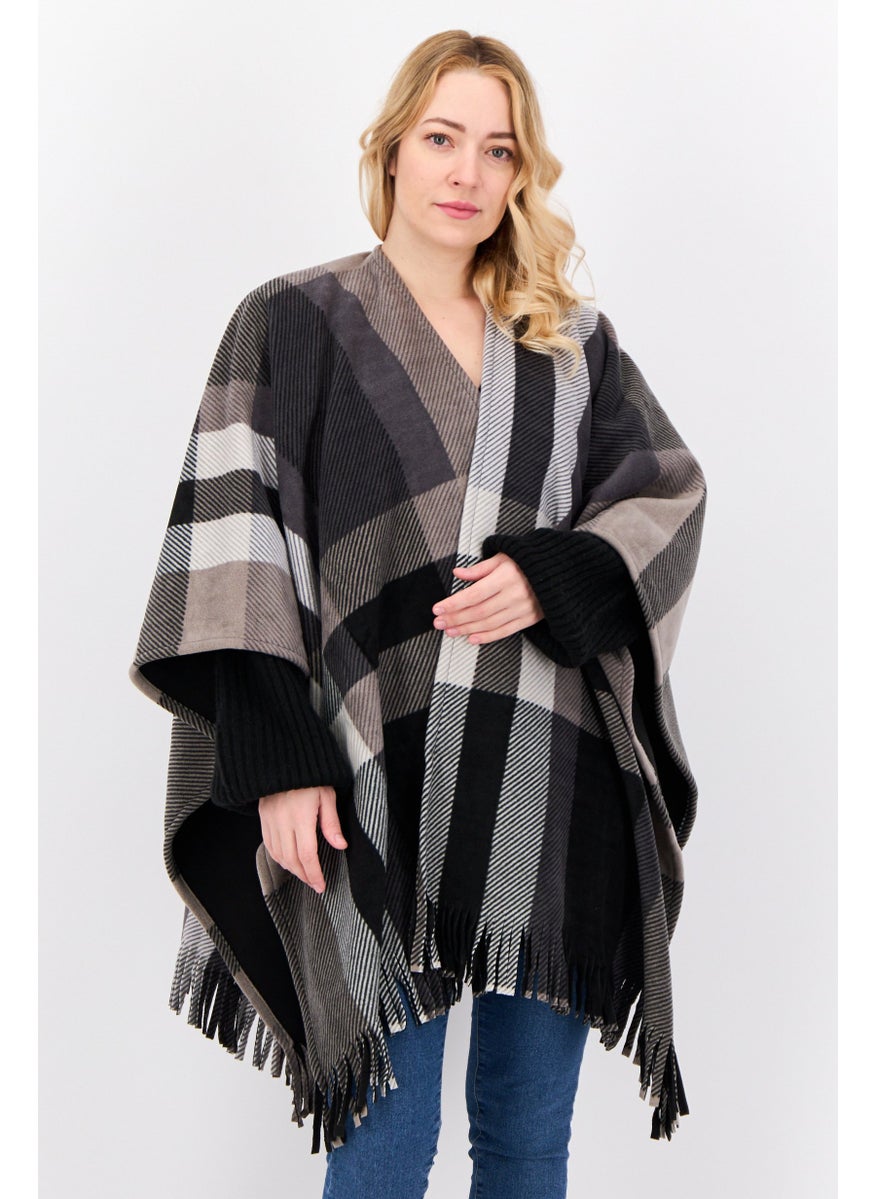 Women Plaid Open Front Poncho, Grey