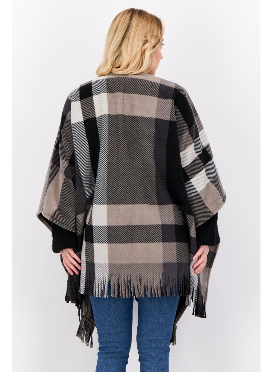 Women Plaid Open Front Poncho, Grey