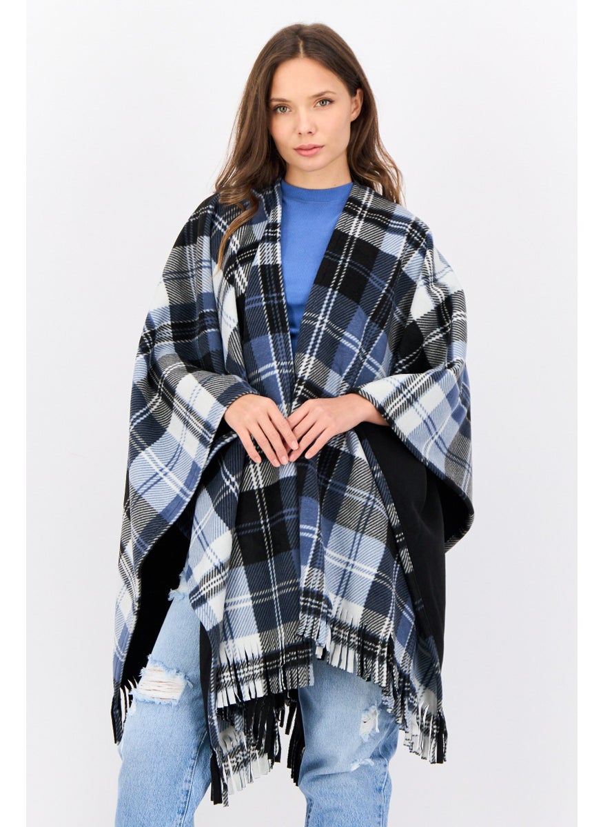 Women Plaid Poncho, Black