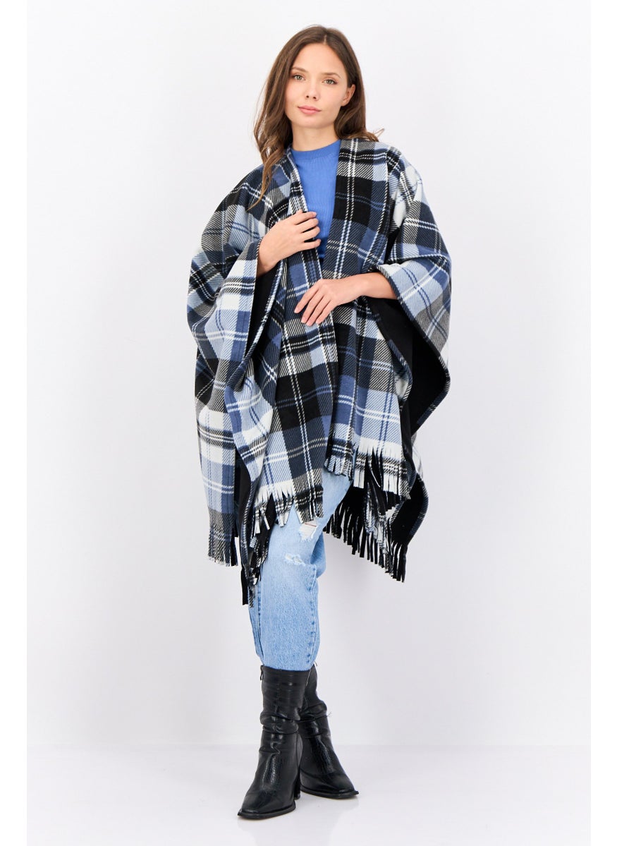 Women Plaid Poncho, Black