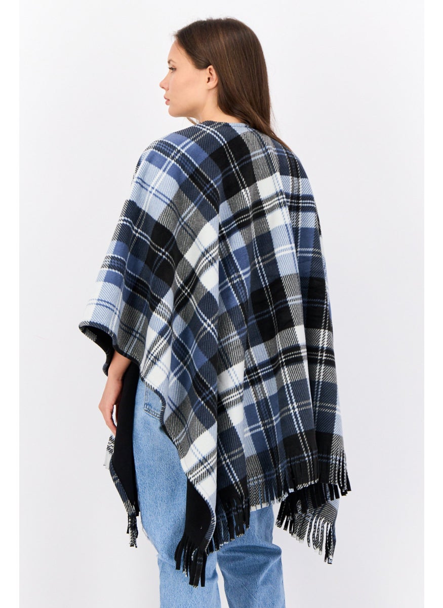 Women Plaid Poncho, Black