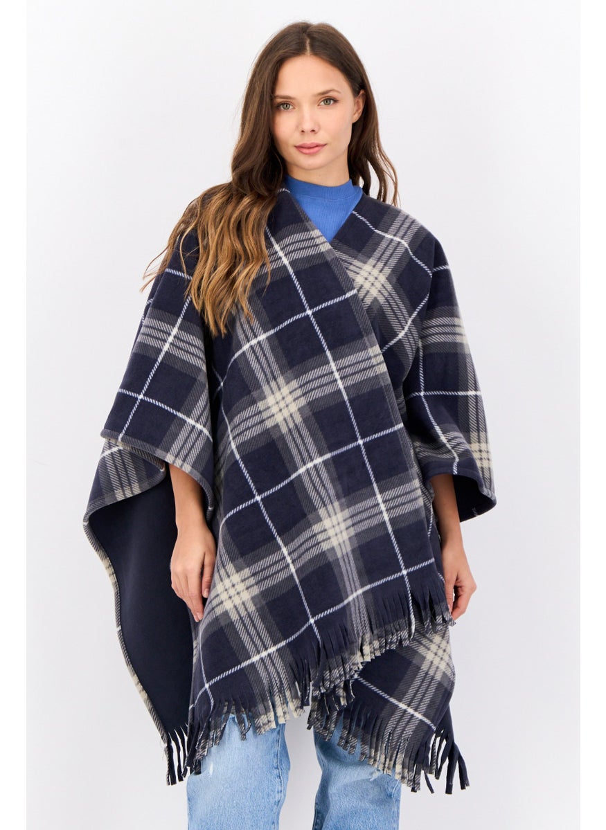 Women Plaid Ruana Poncho, Navy