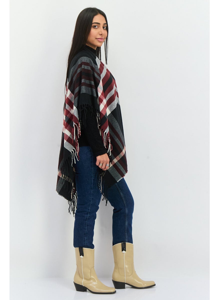 Women Plaid Ruana Poncho 100 L x 80 H cm, Black