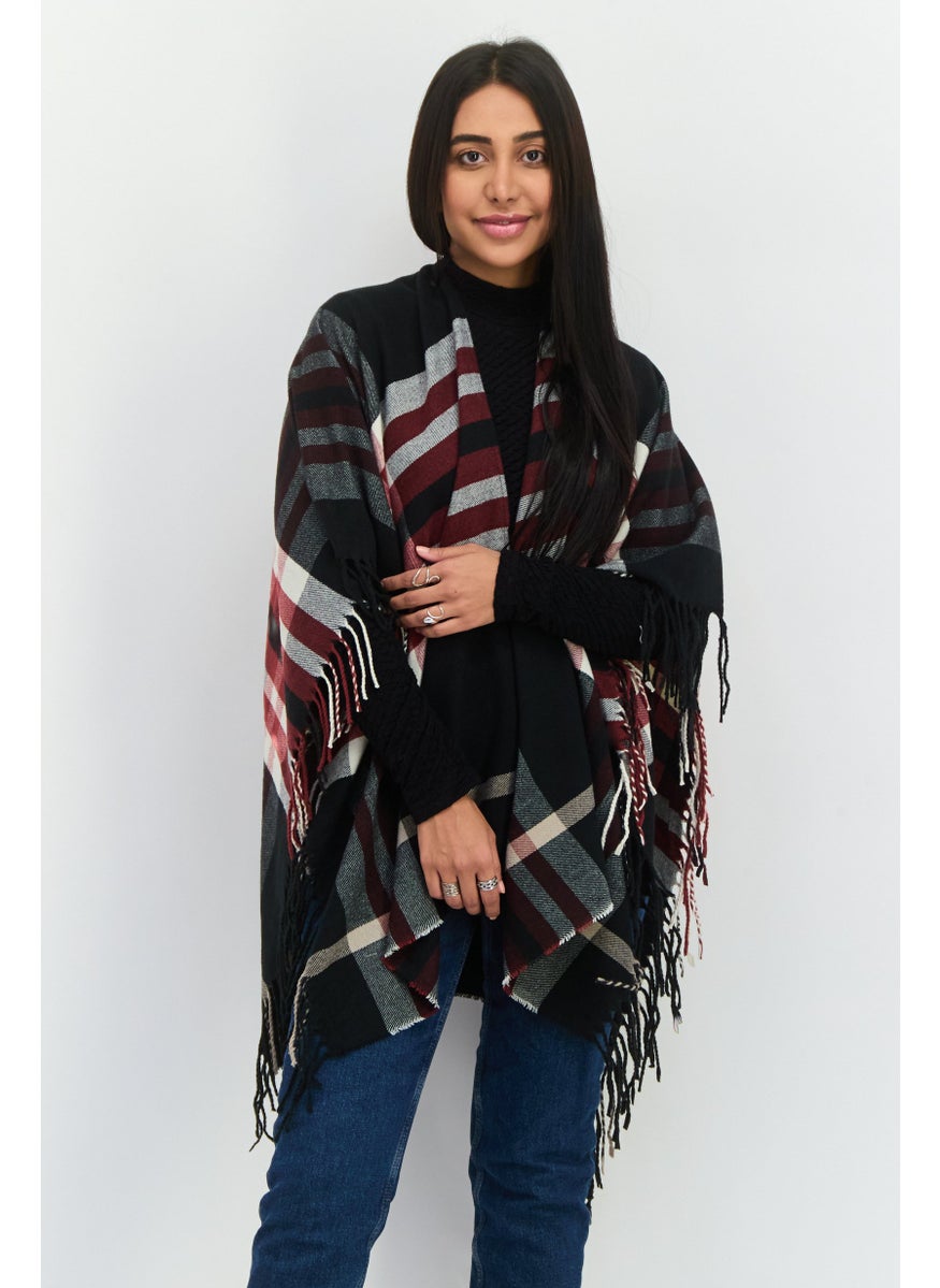 Women Plaid Ruana Poncho 100 L x 80 H cm, Black