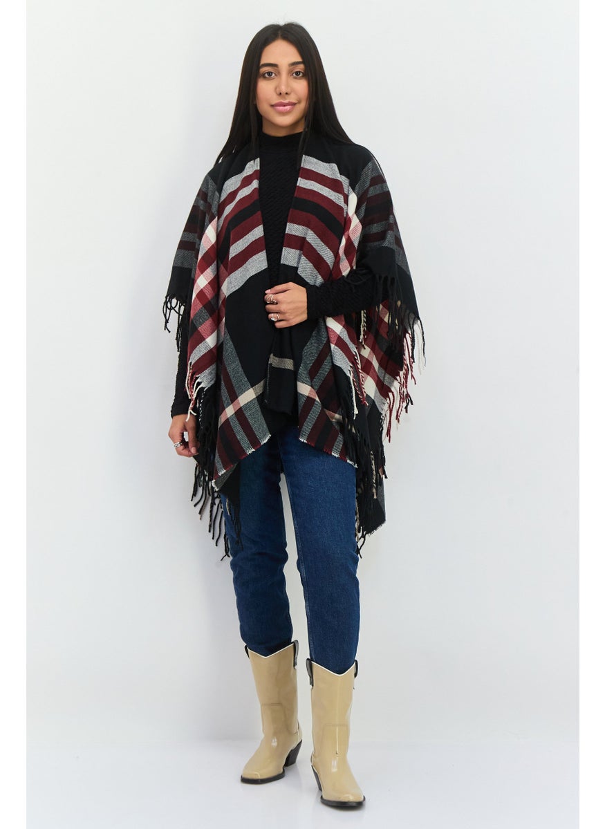 Women Plaid Ruana Poncho 100 L x 80 H cm, Black