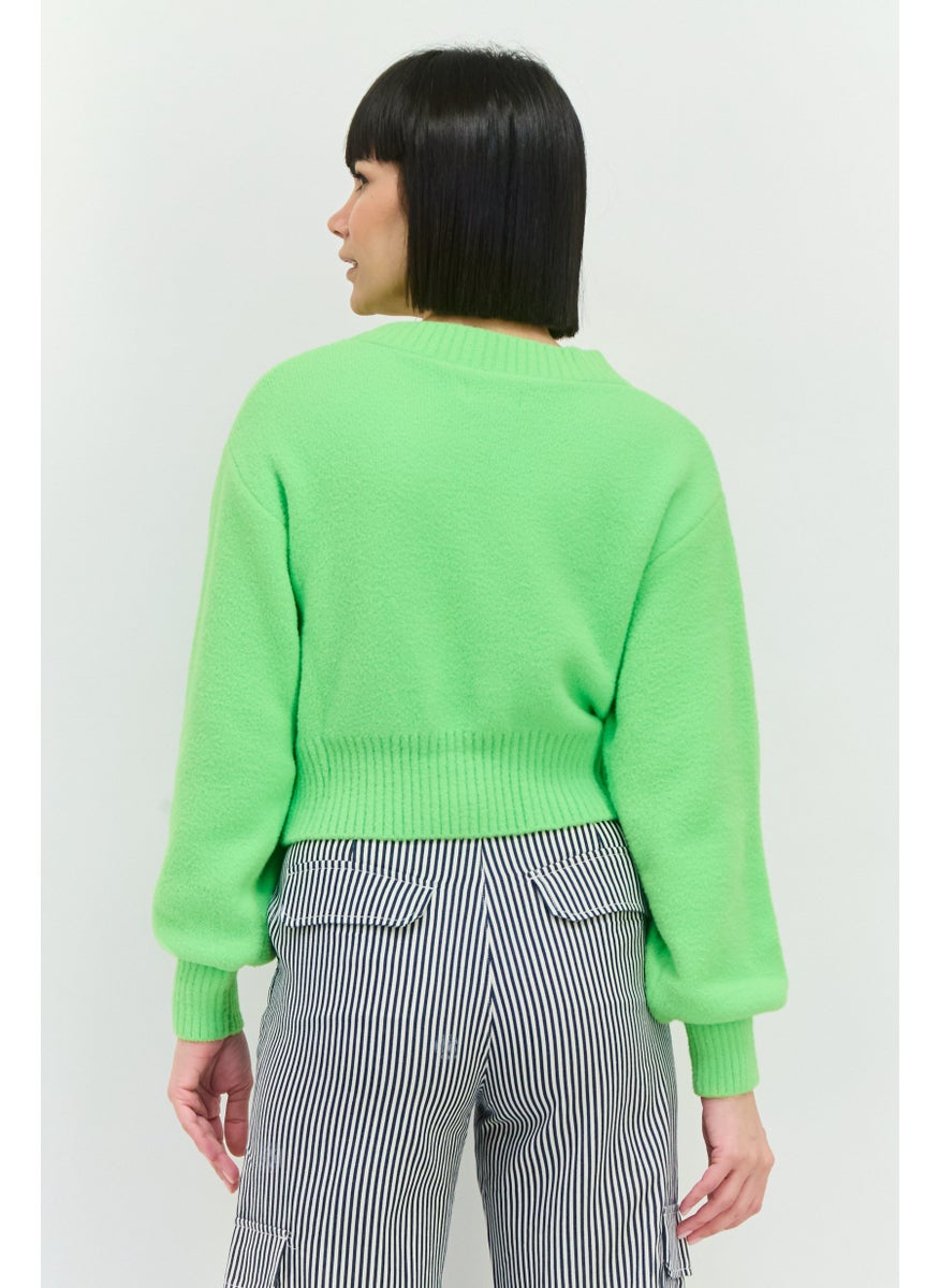 Women V Neck Knitted Cardigan, Lime Green