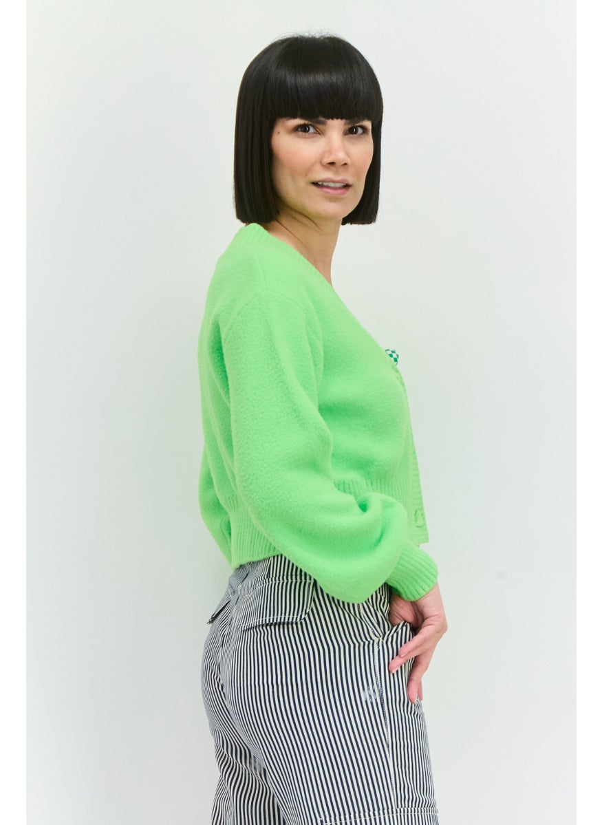 Women V Neck Knitted Cardigan, Lime Green