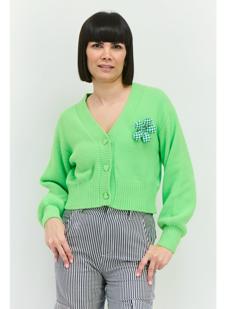 Women V Neck Knitted Cardigan, Lime Green