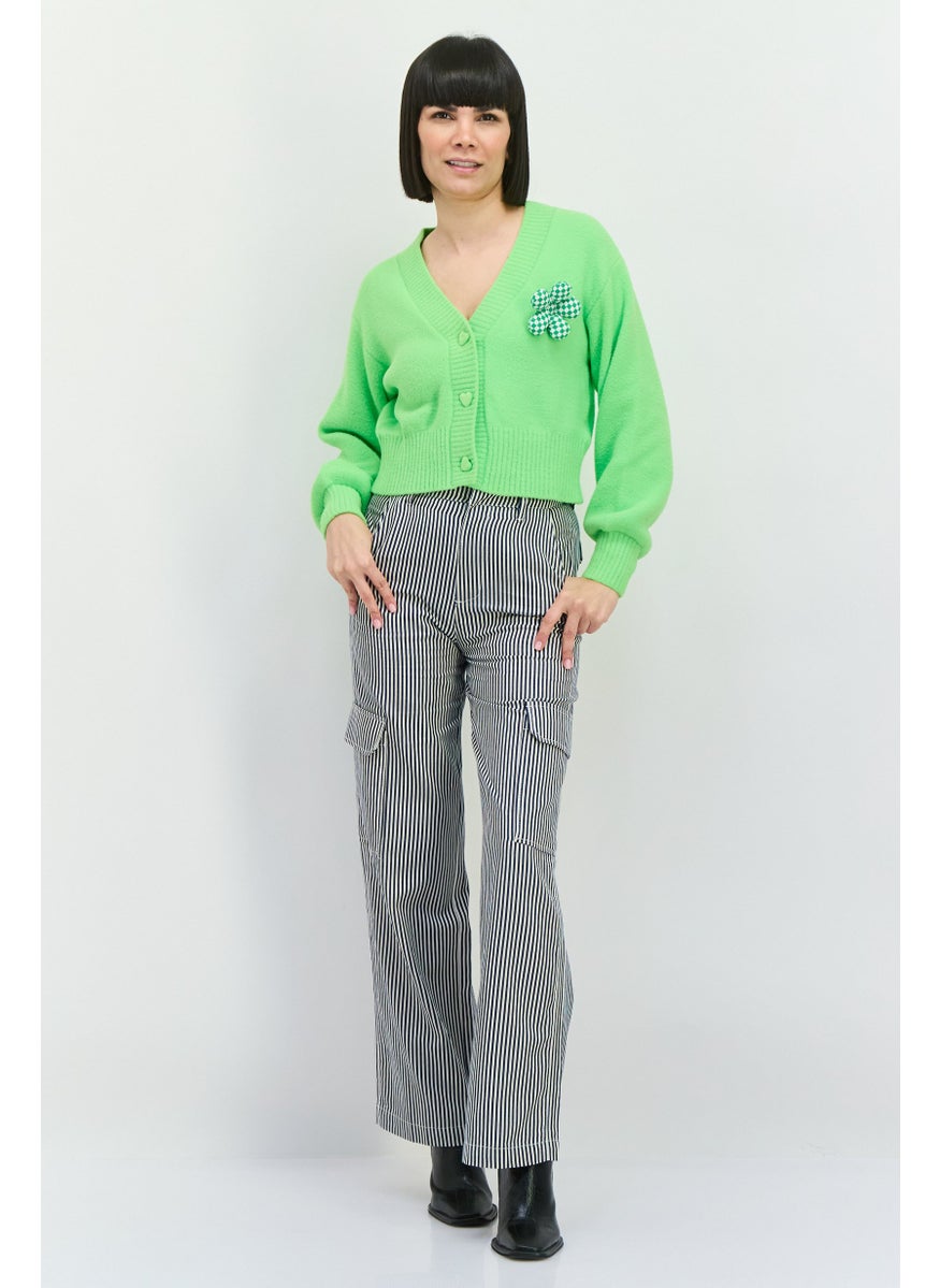 Women V Neck Knitted Cardigan, Lime Green