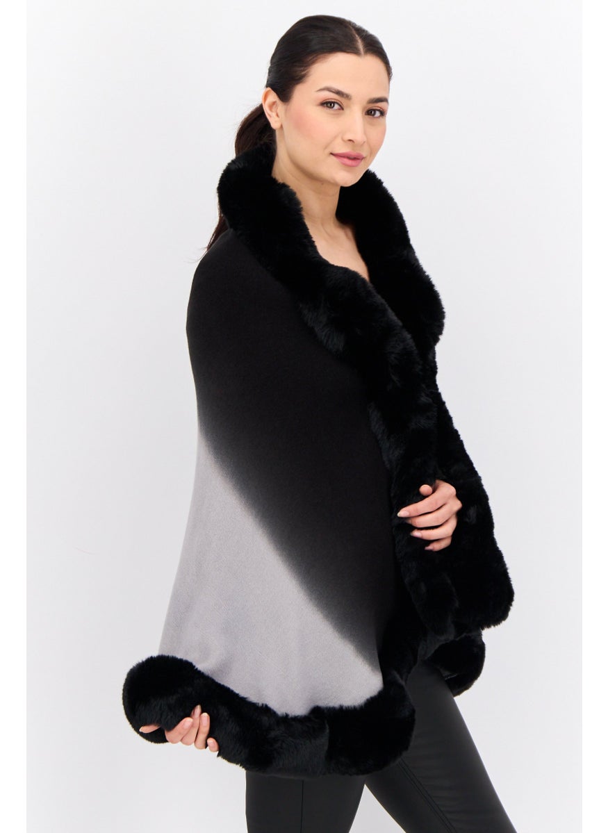 Women Ombre Faux Fur Poncho, Black