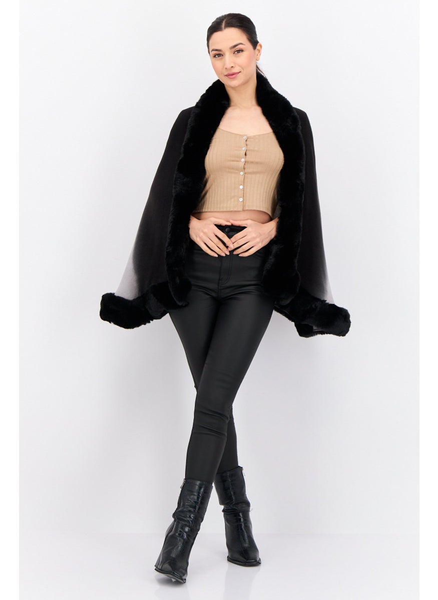 Women Ombre Faux Fur Poncho, Black