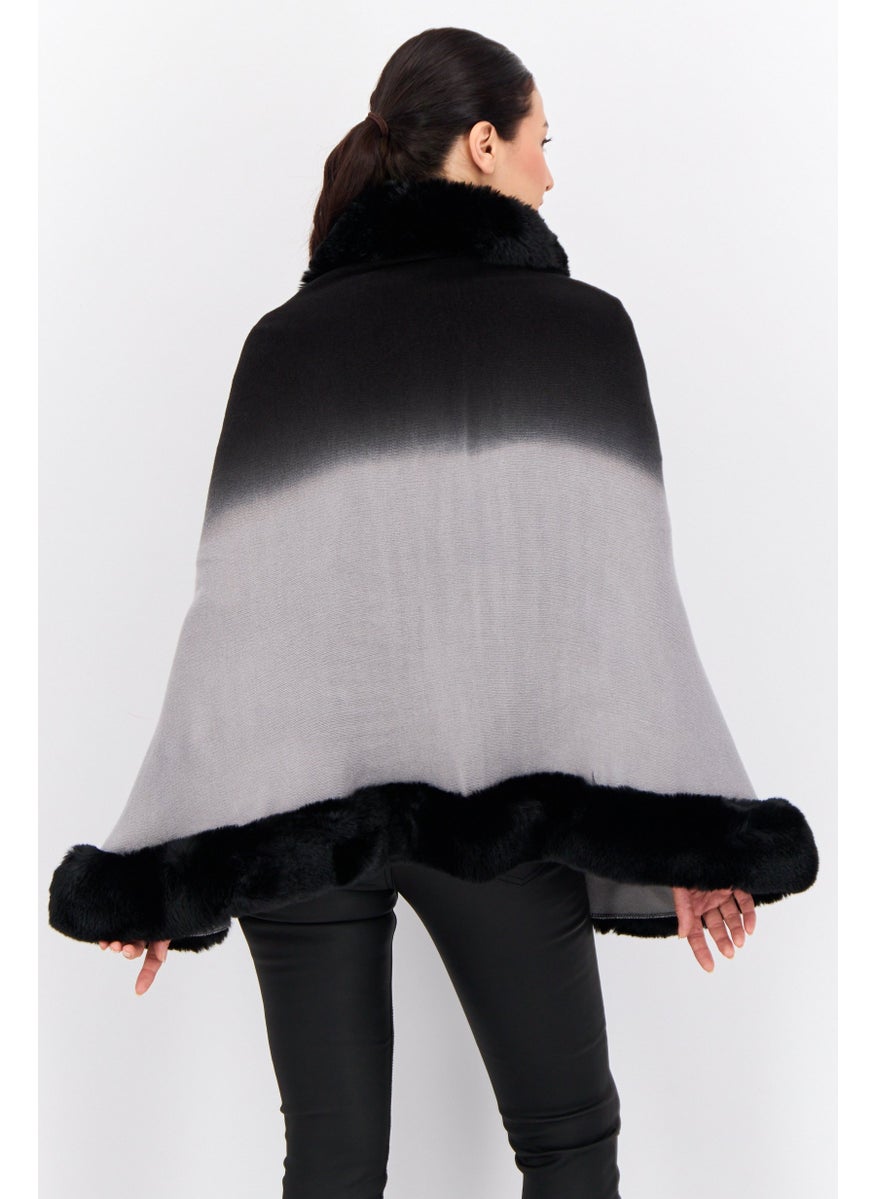 Women Ombre Faux Fur Poncho, Black
