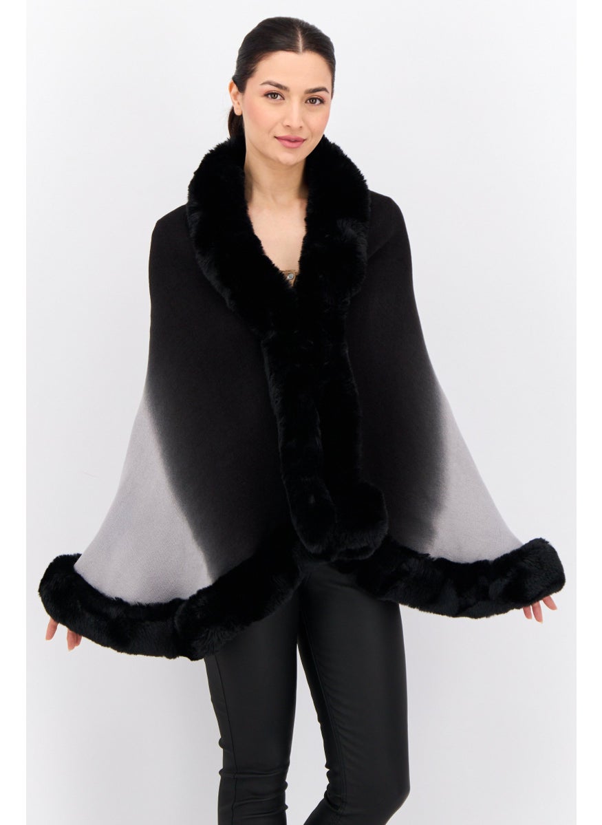 Women Ombre Faux Fur Poncho, Black