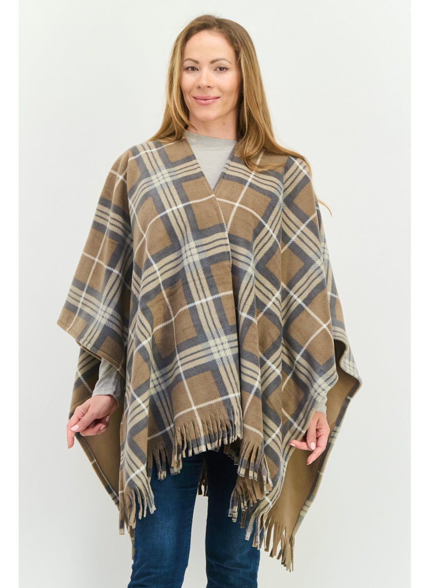 Women Split Neck Plaid Fleece Poncho, Brown Combo