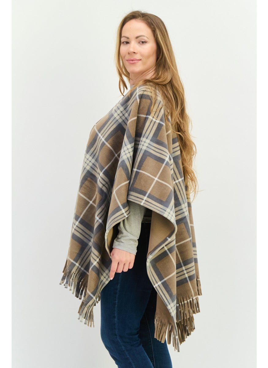 Women Split Neck Plaid Fleece Poncho, Multicolor