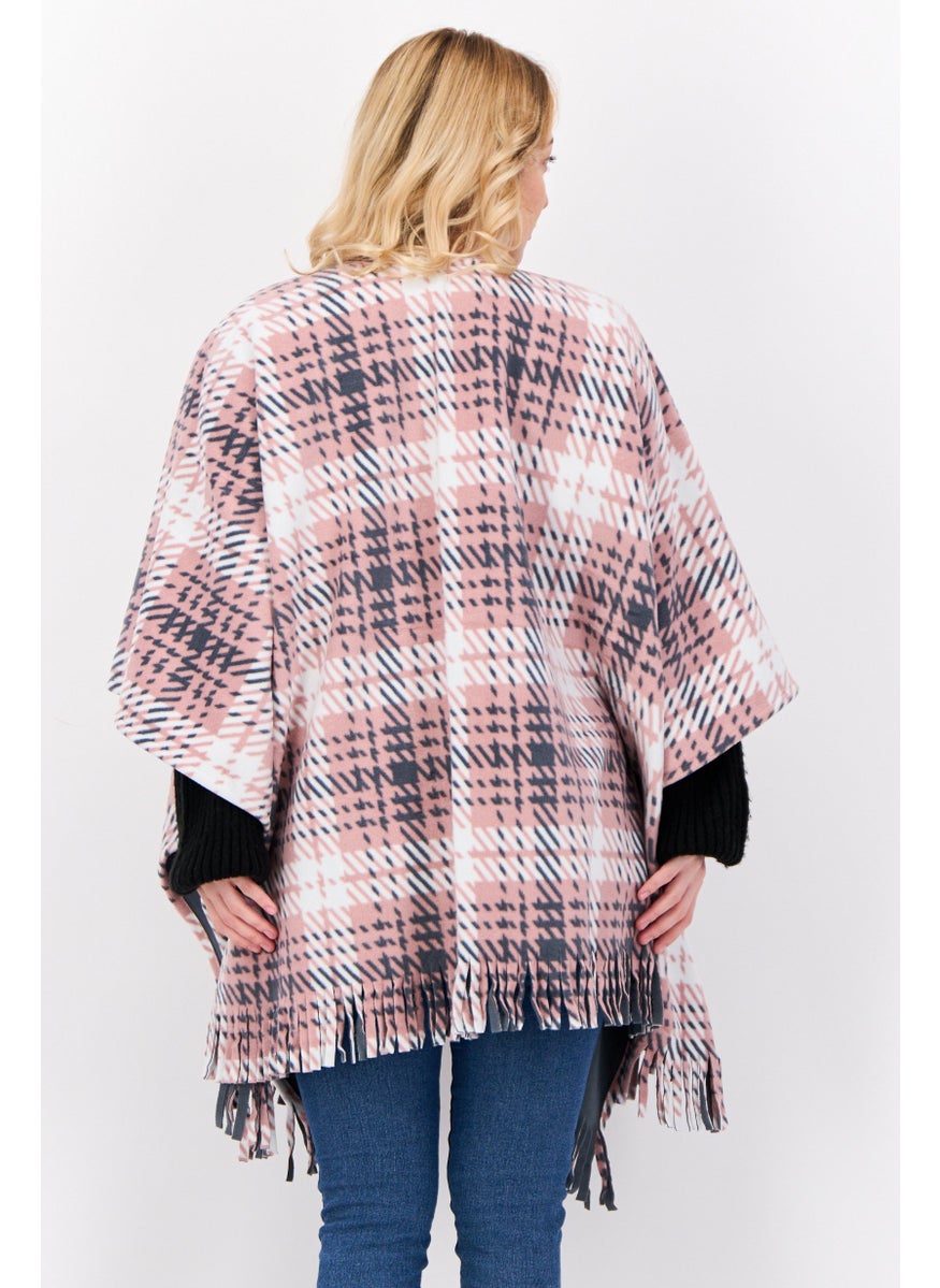 Women Plaid Open Front Poncho, Pink